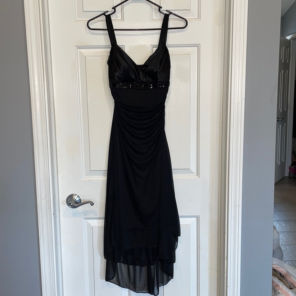 Black satin and sequins high low dress